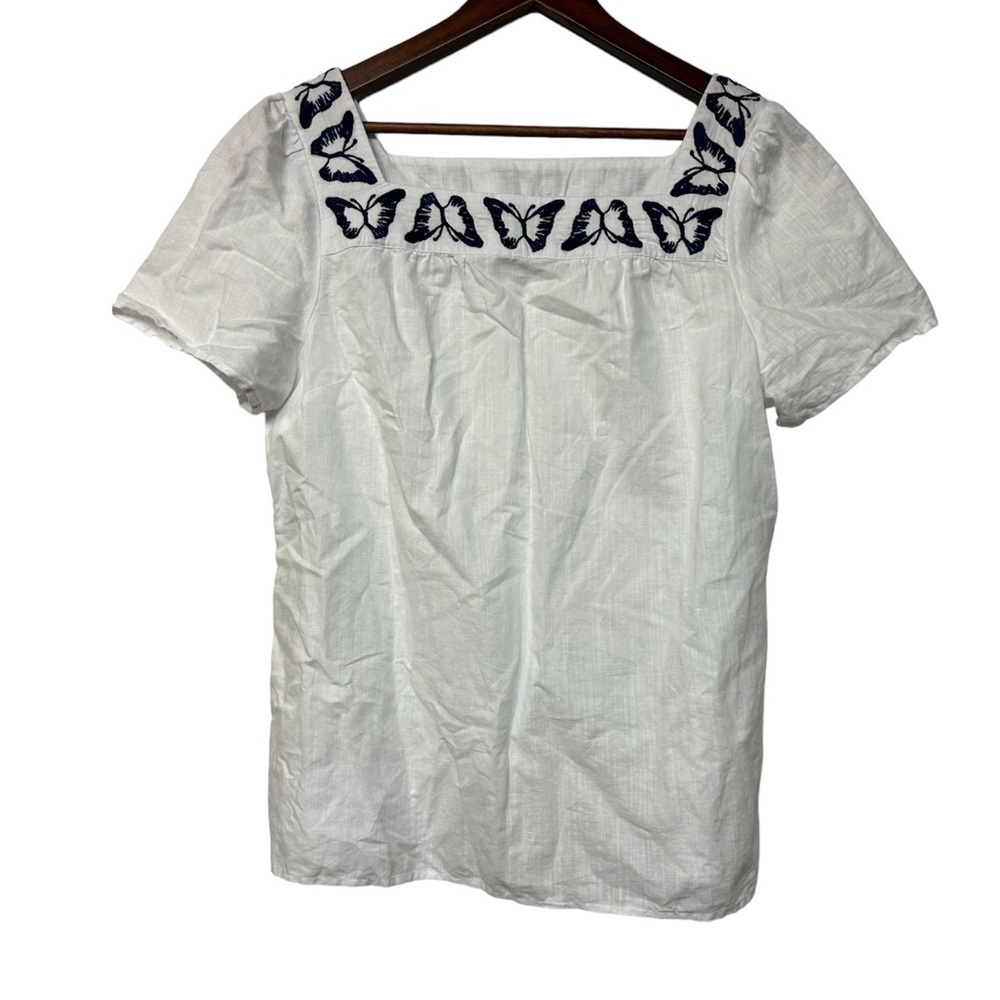 Talbots Linen cotton short sleeve White embroidery Butterfly Top Blouse
